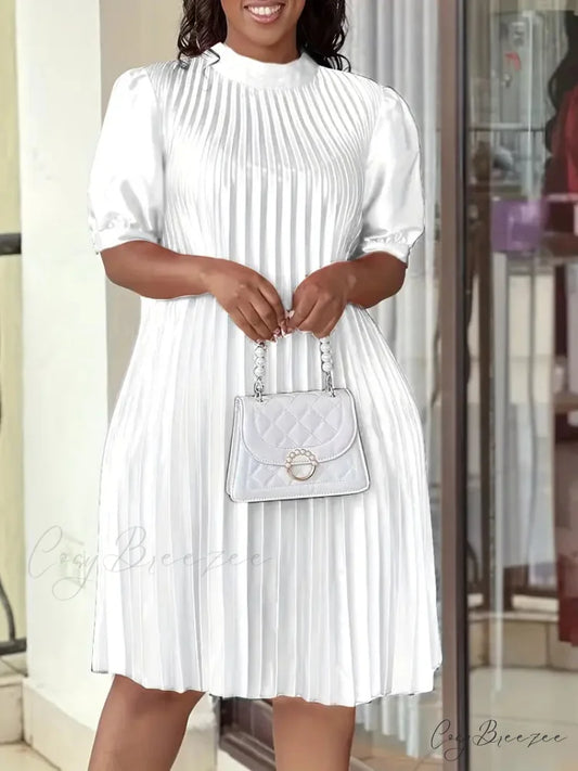 White Pleats Dress - Casual Short Sleeve Crew Neck S / Red