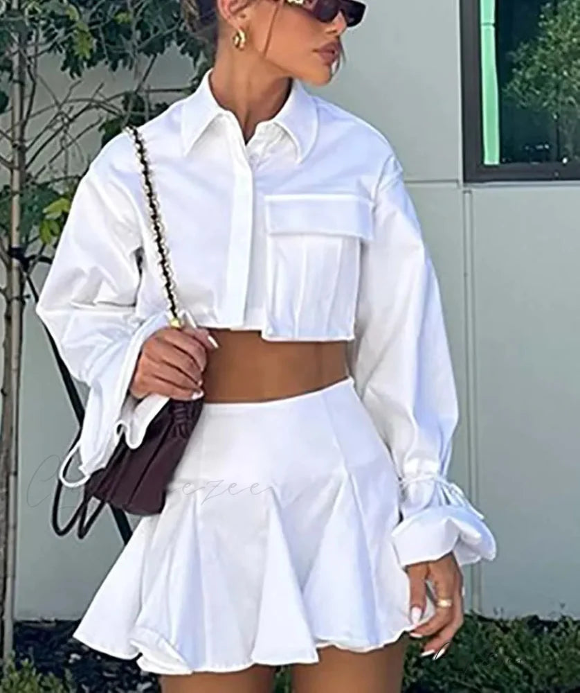 White Pockets Crop Pleated Mini Office Set officetwopieceset-250223