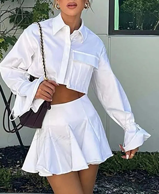 White Pockets Crop Pleated Mini Office Set WHITE / S officetwopieceset-250223