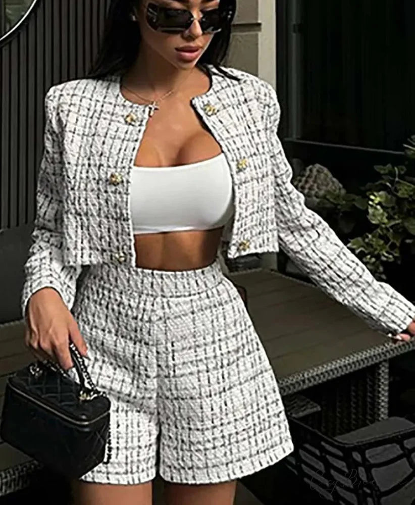 White Print O-Neck Crop Shirt Office Set officetwopieceset-250223