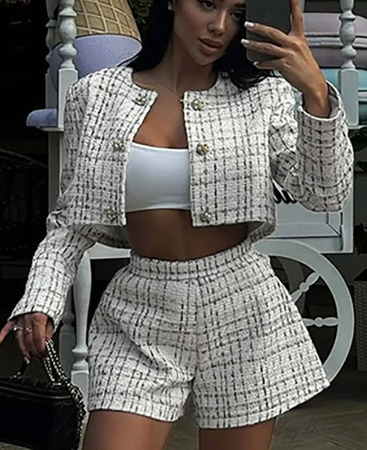 White Print O-Neck Crop Shirt Office Set WHITE / S officetwopieceset-250223