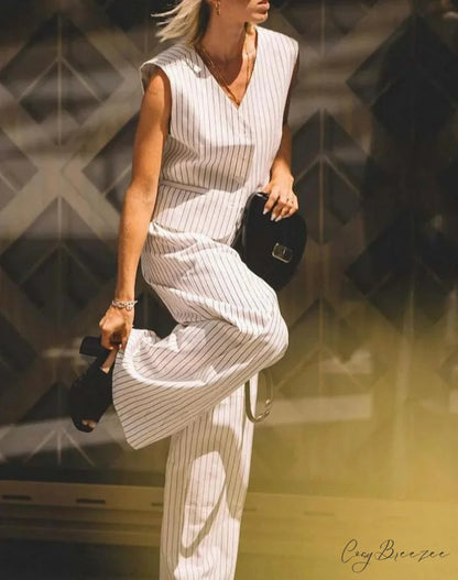 White Print V-Neck Sleeveless Trousers Office Set officetwopieceset-250223