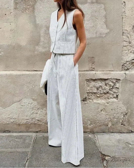 White Print V-Neck Sleeveless Trousers Office Set WHITE / S officetwopieceset-250223