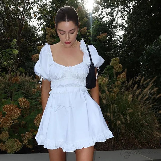White Puff Sleeve Mini Dress minidress-250223