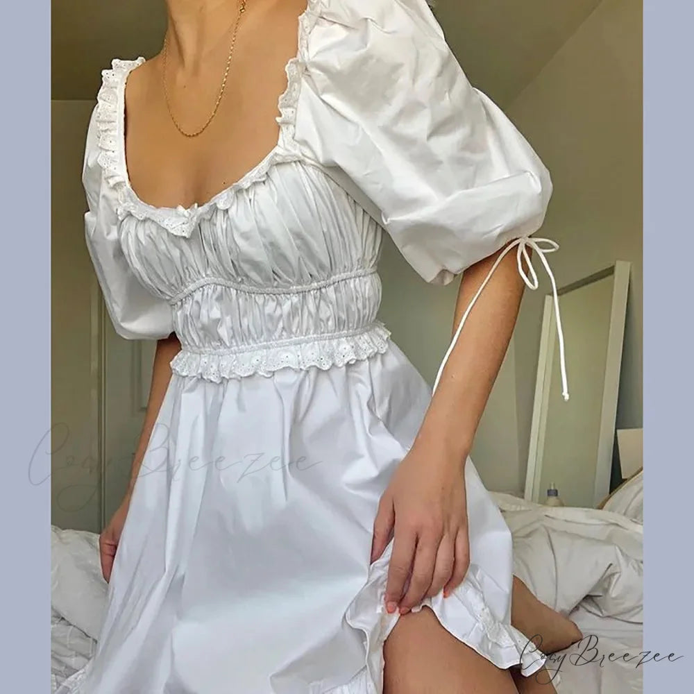 White Puff Sleeve Mini Dress minidress-250223