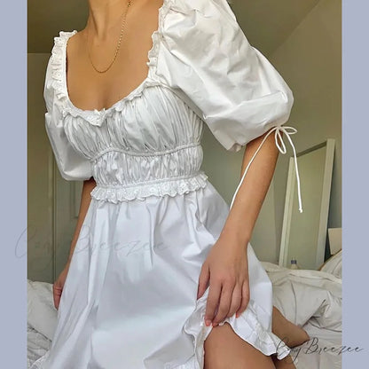 White Puff Sleeve Mini Dress minidress-250223