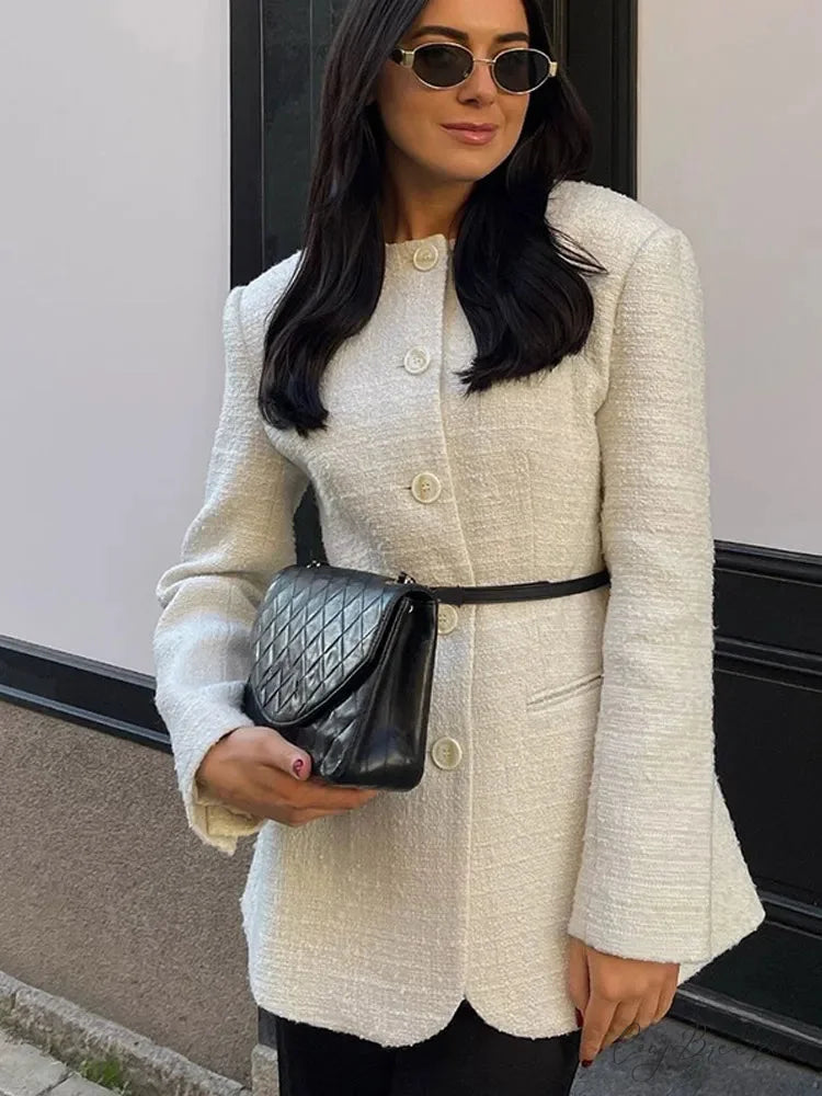 White Round Neck Single Breasted Coat coats-241228