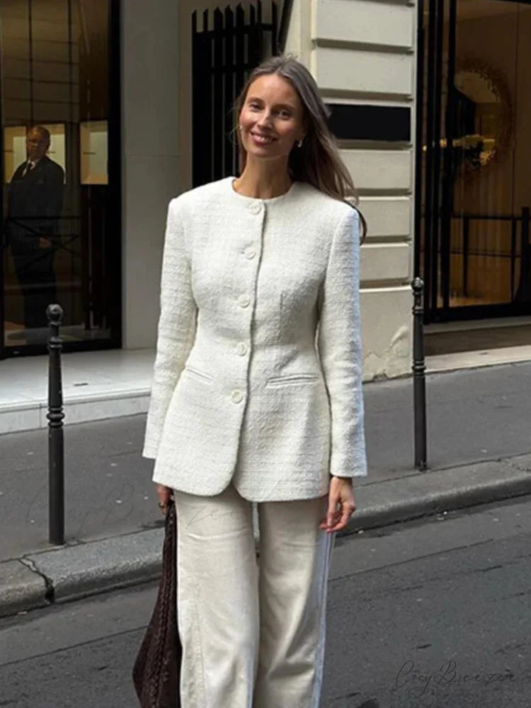 White Round Neck Single Breasted Coat coats-241228
