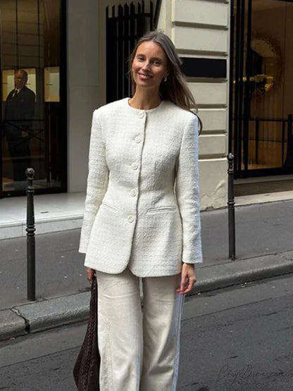 White Round Neck Single Breasted Coat coats-241228