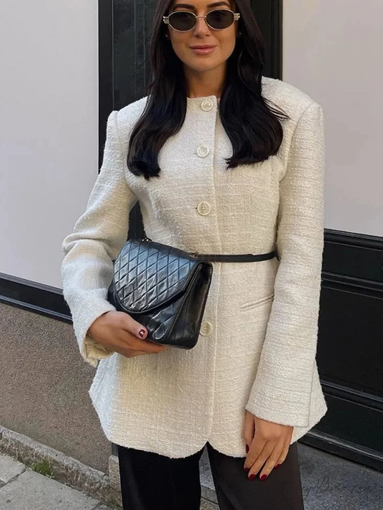 White Round Neck Single Breasted Coat coats-241228