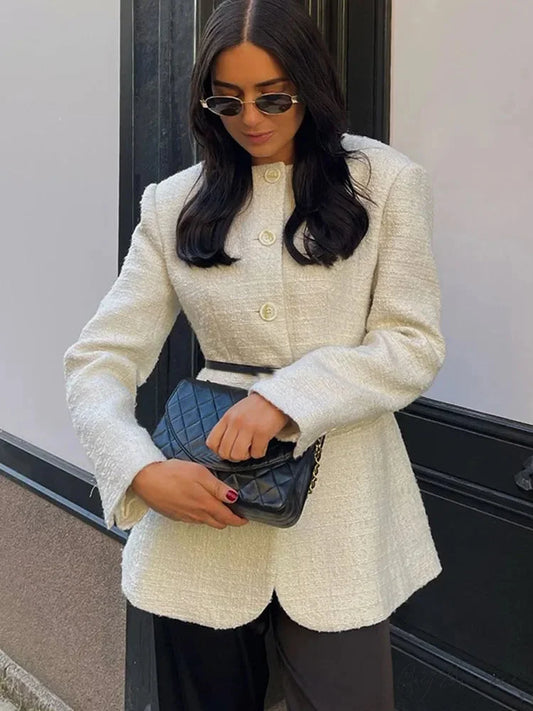 White Round Neck Single Breasted Coat coats-241228