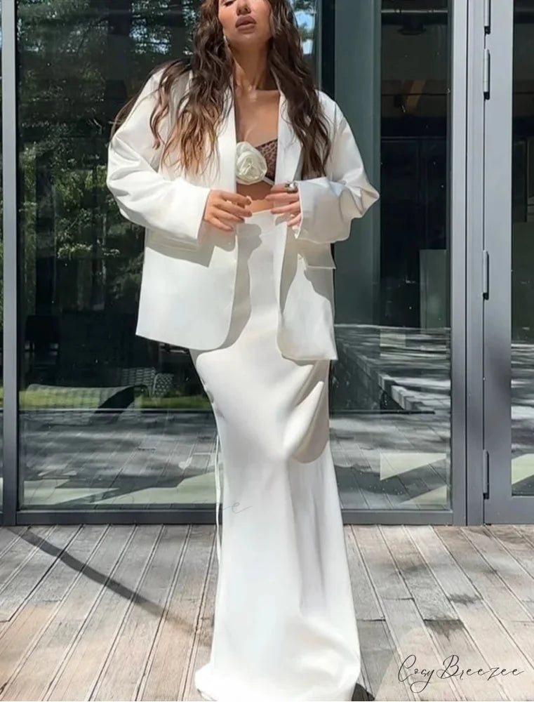 White Satin Long Sleeve Skirt Office Set officetwopieceset-250223