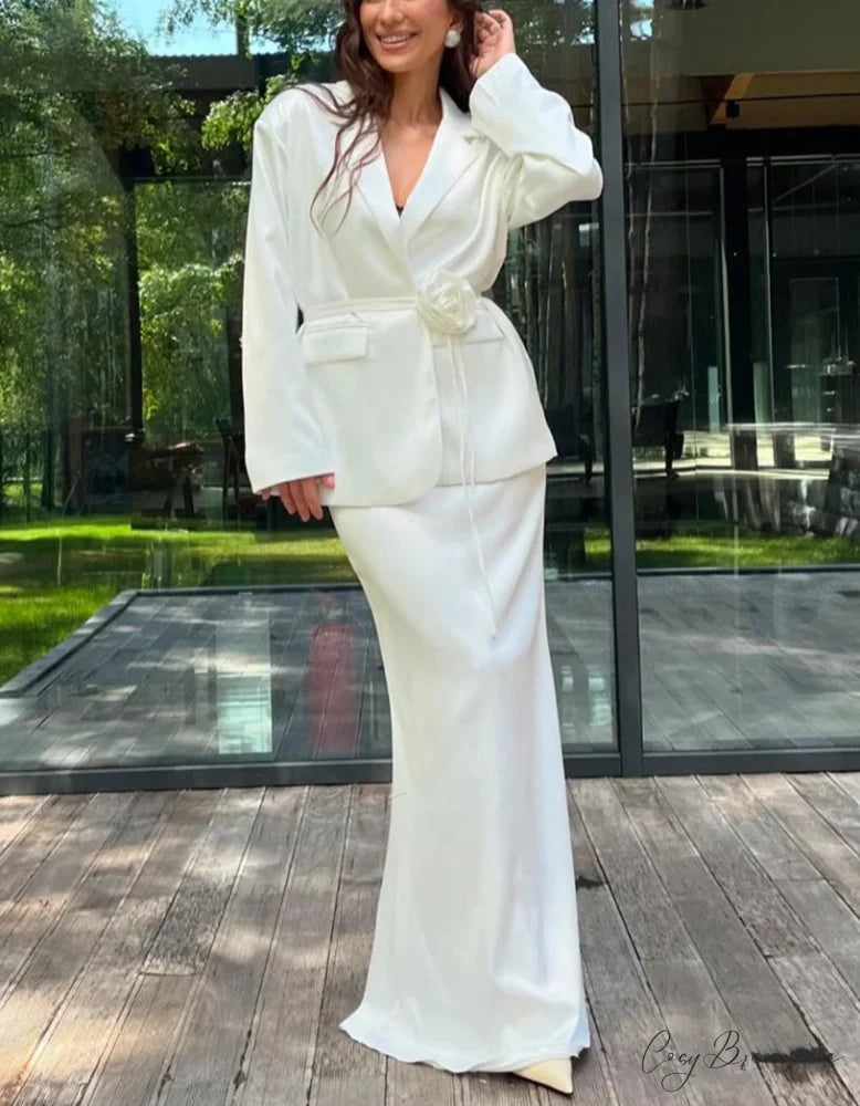 White Satin Long Sleeve Skirt Office Set WHITE / S officetwopieceset-250223