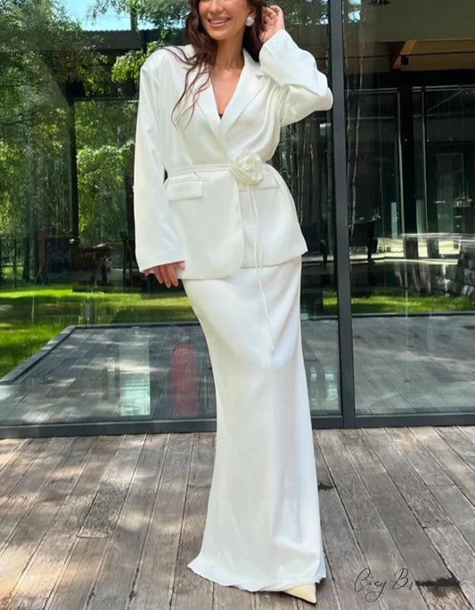White Satin Long Sleeve Skirt Office Set WHITE / S officetwopieceset-250223