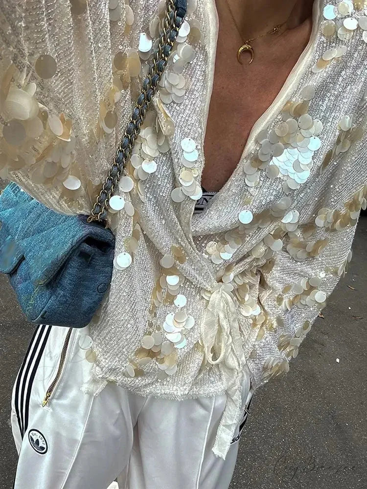 White Sequins Lace-Up Shirt Coat coats-241228