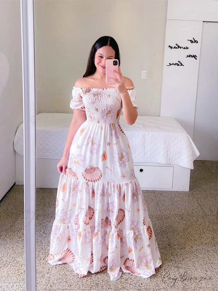 White Short Sleeve Maxi Beach Dress with Print