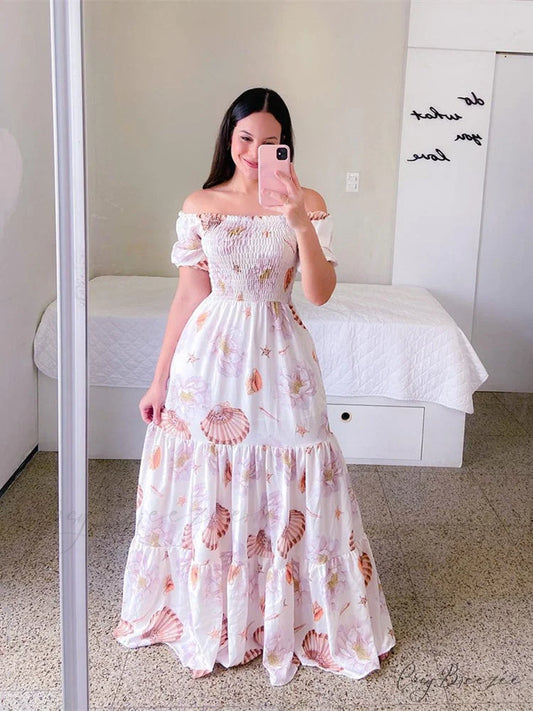 White Short Sleeve Maxi Beach Dress with Print