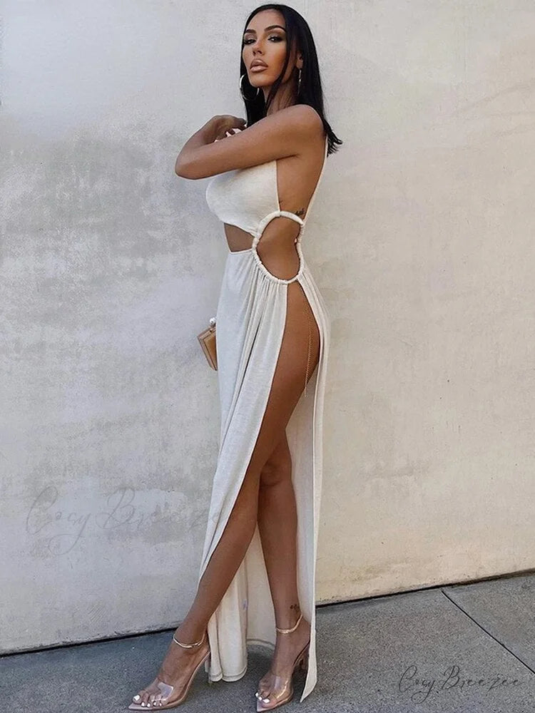 White Shoulder Parties - Women for Split Gown One for Gown and Full-Length Warm-Season Elegant Long Beachwear