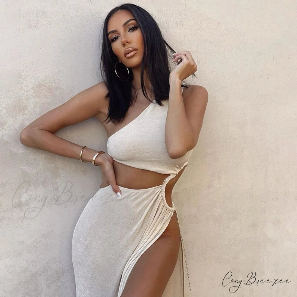 White Shoulder Parties - Women for Split Gown One for Gown and Full-Length Warm-Season Elegant Long Beachwear White / S