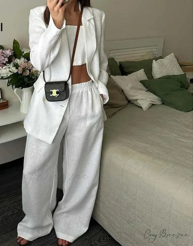 White Single Button Strapless Pants Office Set officetwopieceset-250223