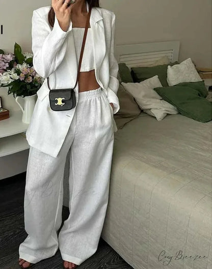 White Single Button Strapless Pants Office Set officetwopieceset-250223