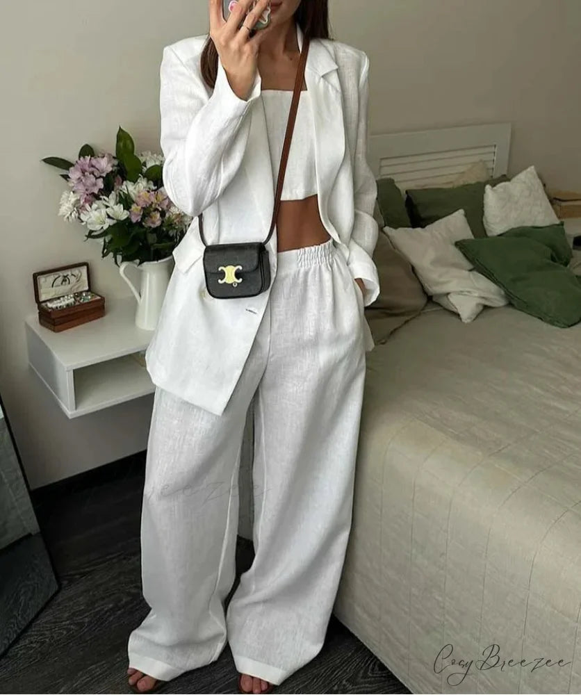 White Single Button Strapless Pants Office Set WHITE / S officetwopieceset-250223