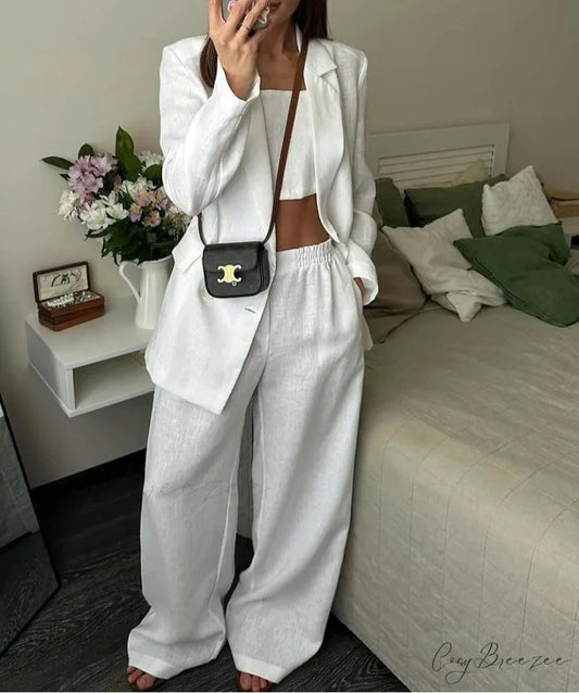 White Single Button Strapless Pants Office Set WHITE / S officetwopieceset-250223