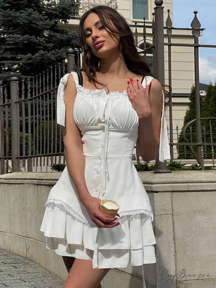 White Sleeveless Dress with Ruched Bust Gathering M / White