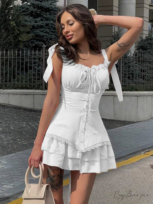 White Sleeveless Dress with Ruched Bust Gathering S / Black