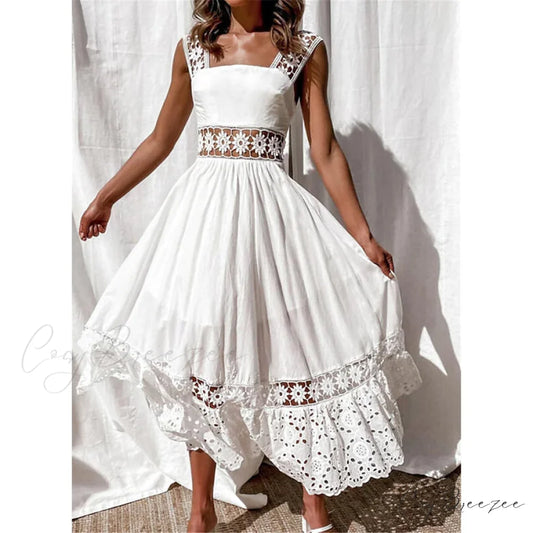 White Sleeveless Solid Lace Panel Dress for Women