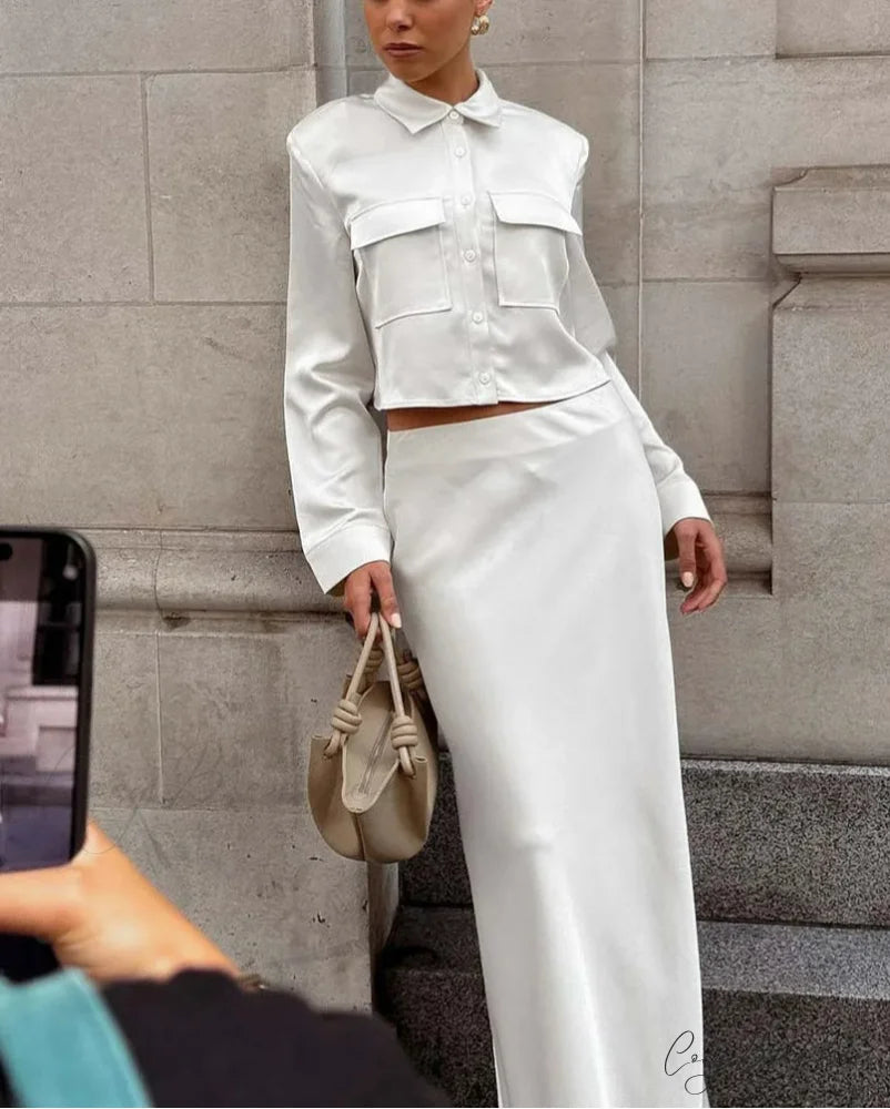 White Slim Lapel Floor Skirt Office Set officetwopieceset-250223
