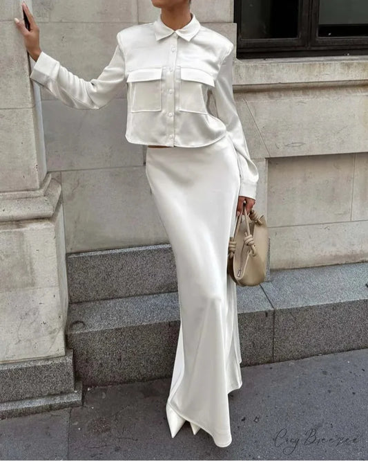 White Slim Lapel Floor Skirt Office Set WHITE / S officetwopieceset-250223