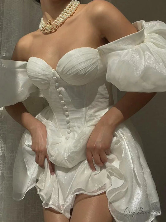 White Summer Dress with Puff Sleeves S / Black