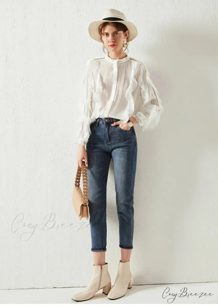 White Tiered Ruffles Hollow Out Cotton Boho Blouse bohoblouse-250126