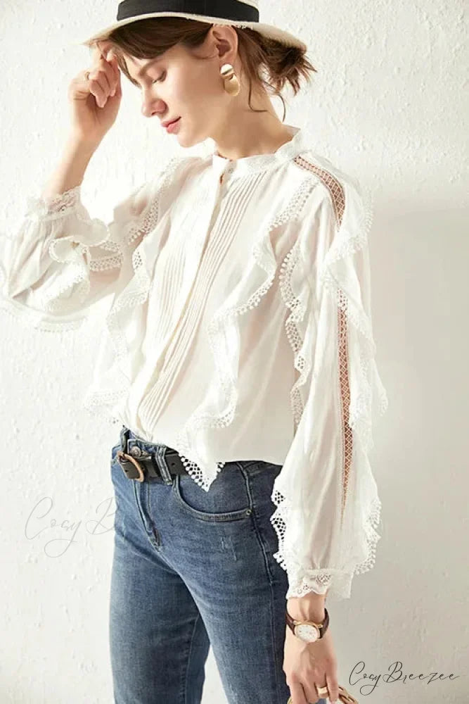White Tiered Ruffles Hollow Out Cotton Boho Blouse bohoblouse-250126