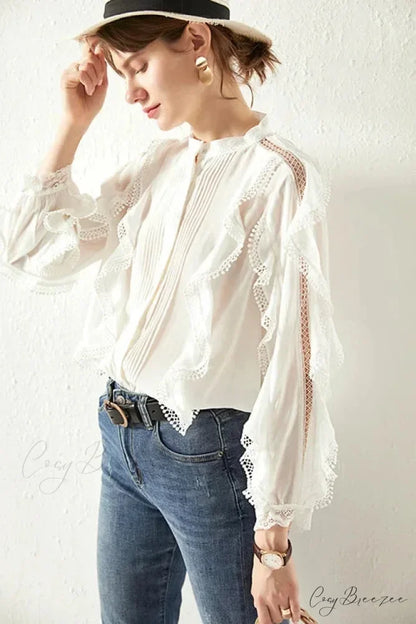White Tiered Ruffles Hollow Out Cotton Boho Blouse bohoblouse-250126