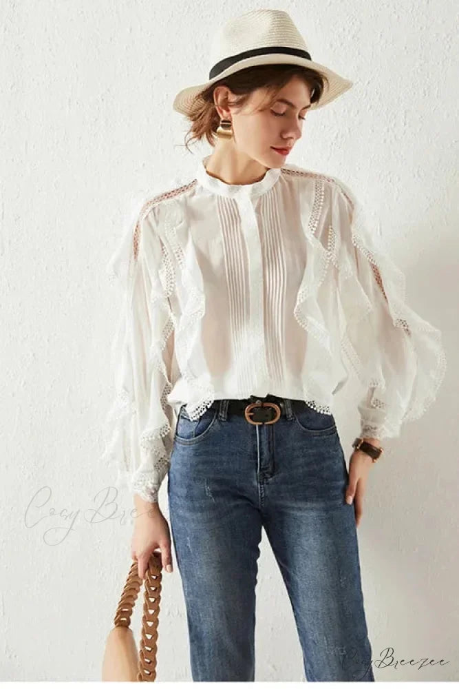 White Tiered Ruffles Hollow Out Cotton Boho Blouse bohoblouse-250126