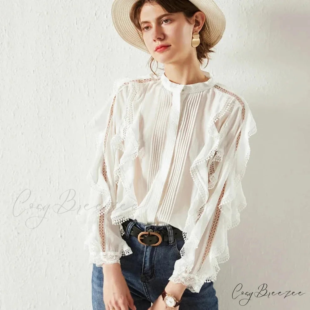White Tiered Ruffles Hollow Out Cotton Boho Blouse bohoblouse-250126