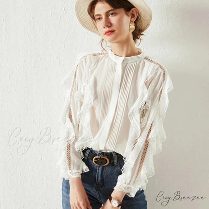 White Tiered Ruffles Hollow Out Cotton Boho Blouse bohoblouse-250126