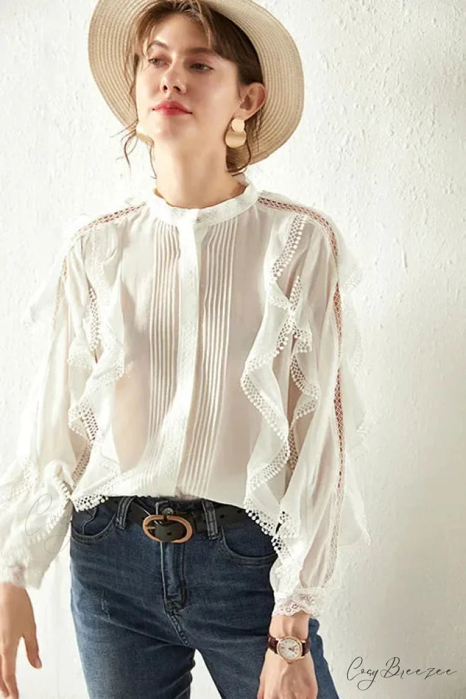 White Tiered Ruffles Hollow Out Cotton Boho Blouse White / S bohoblouse-250126