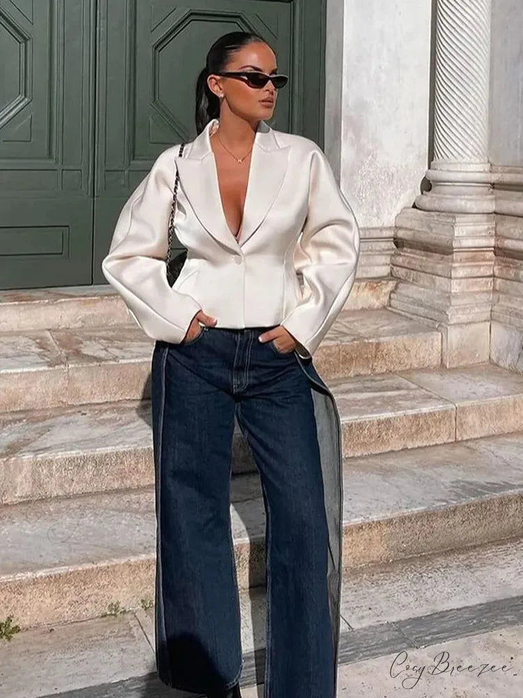 White V-Neck Blazer Short Coat coats-241228