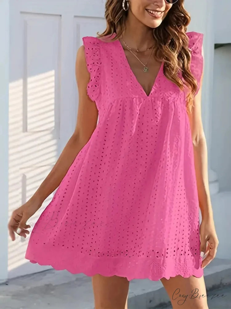 White V-neck Lace Ruffle Trapeze Dress with Cut Out Detail M / White