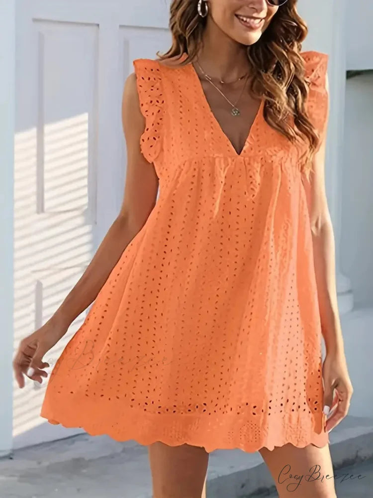 White V-neck Lace Ruffle Trapeze Dress with Cut Out Detail M / Green