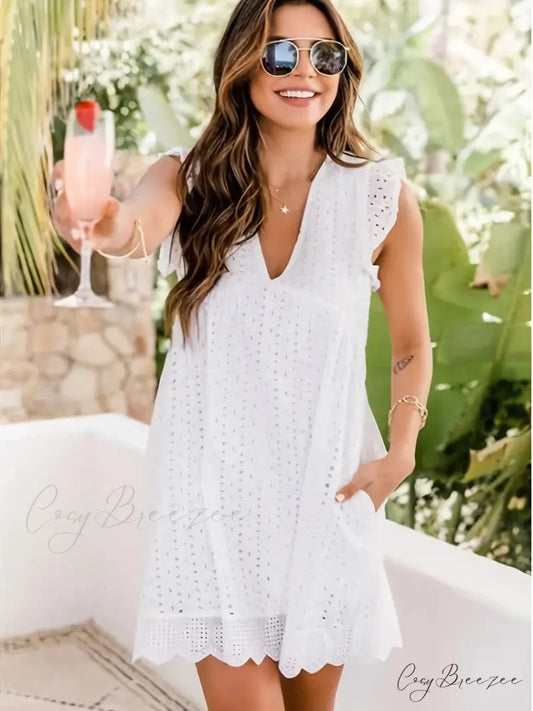 White V-neck Lace Ruffle Trapeze Dress with Cut Out Detail S / White