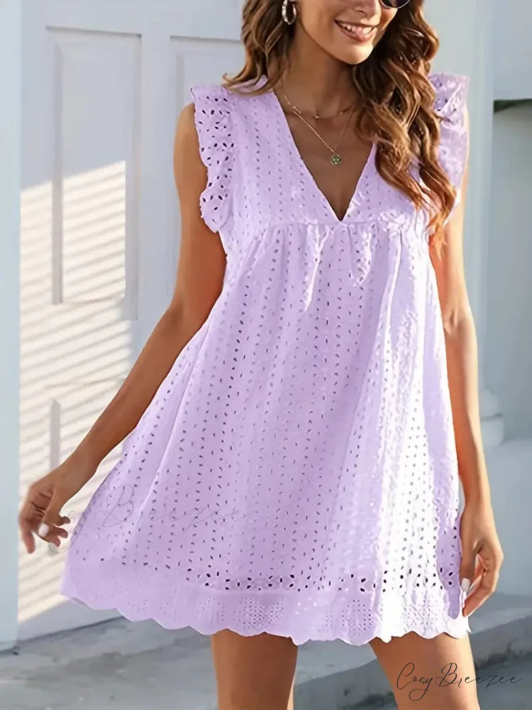 White V-neck Lace Ruffle Trapeze Dress with Cut Out Detail S / Pink