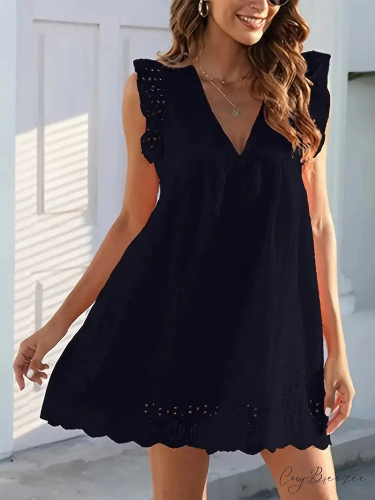 White V-neck Lace Ruffle Trapeze Dress with Cut Out Detail S / Purple