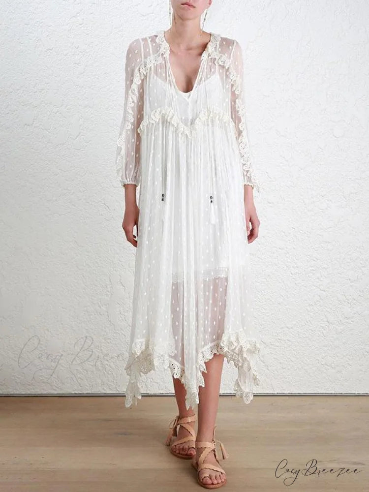 White V-neck Maxi Dress with Long Sleeves