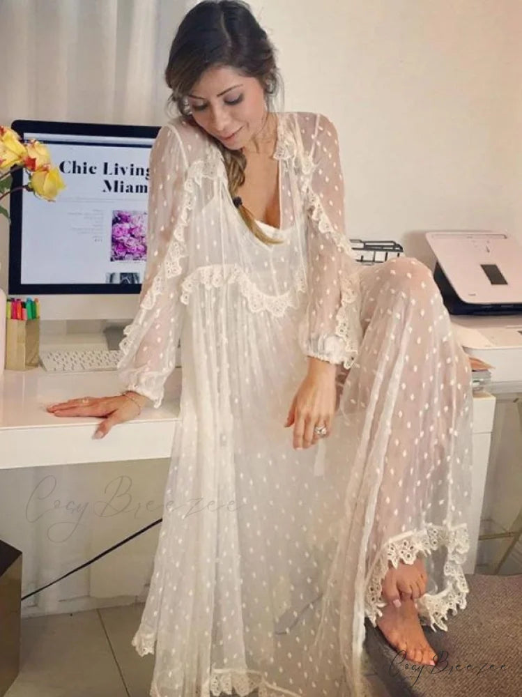 White V-neck Maxi Dress with Long Sleeves