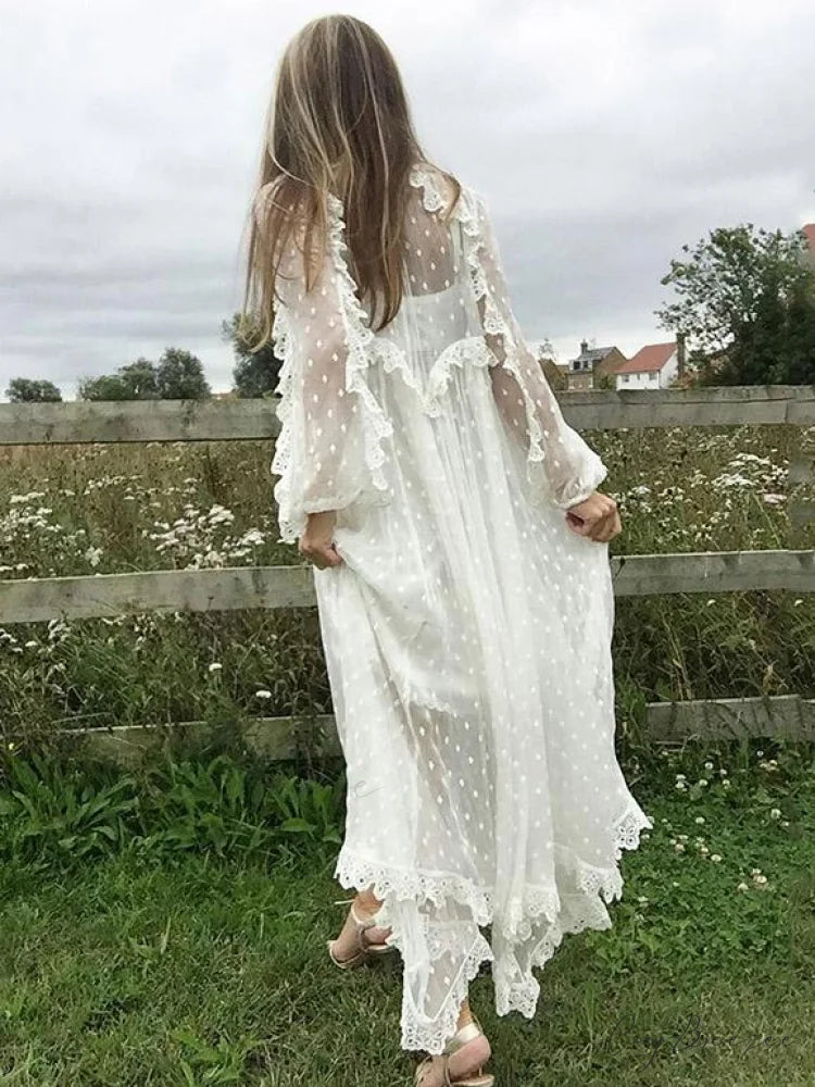 White V-neck Maxi Dress with Long Sleeves