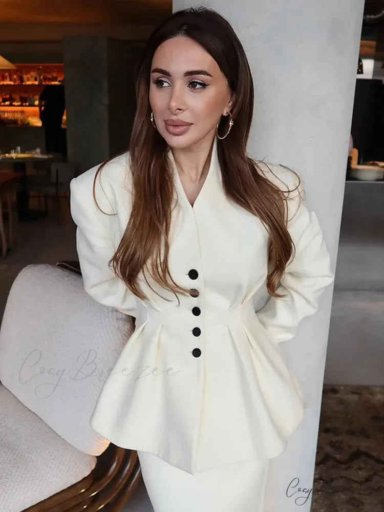 White V-neck Pleated A-line Coat coats-241228